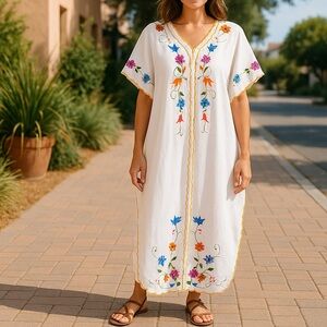 Vintage Handmade Cotton Boho Floral Embroidered Button Down‎ Dress Size Large